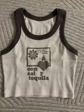 Ribbed White Crop Tank with Dark Gray Trim and Graphic